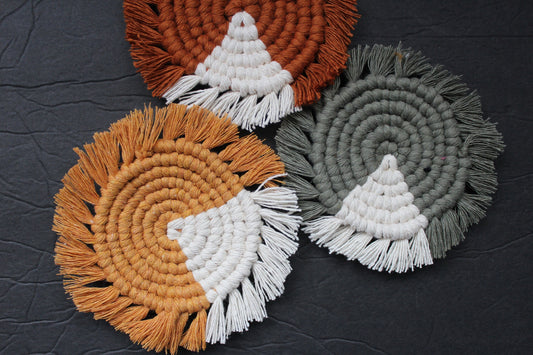Macrame Accent Coasters With Fringes | Boho | Round | Circle | Eco-Friendly Mug Rug | Home Kitchen | Table Decor | Handmade Gift |